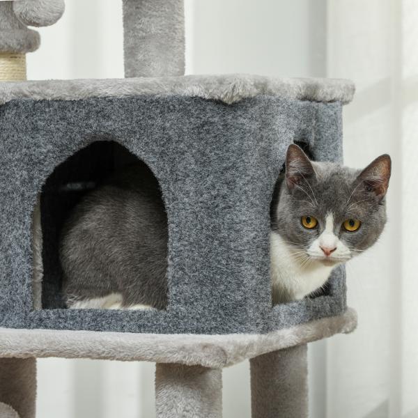 Arranhador para Gatos Grande Altura 104 cm com Plataformas Postes com Escova Bolas Suspensas e Almofadas para Arranhar Cinza