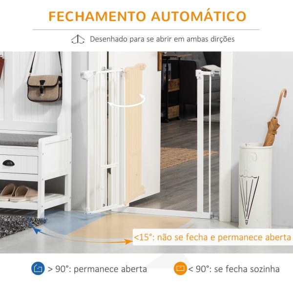 Barreira de Segurança para Cães Animais de Estimação 74 - 80cm para Escadas Portas e Corredores com Porta para Gatos Fechamento Automático e Sistema de Duplo Bloqueio Altura 91,4cm Branco