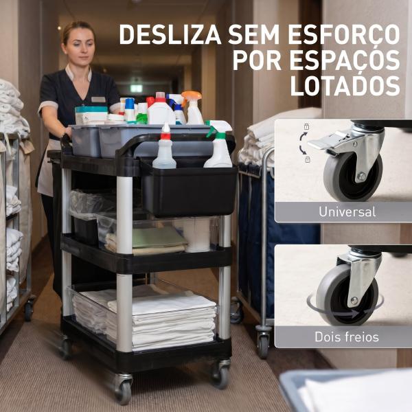 Carrinho de Limpeza com Rodas com 3 Prateleiras 2 Contentores e Balde Lateral Suspenso Carga 100 kg Preto.