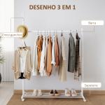 Charriot com Rodas 5 Ganchos Barra para Pendurar e Prateleira Inferior 120x43x171 cm Branco