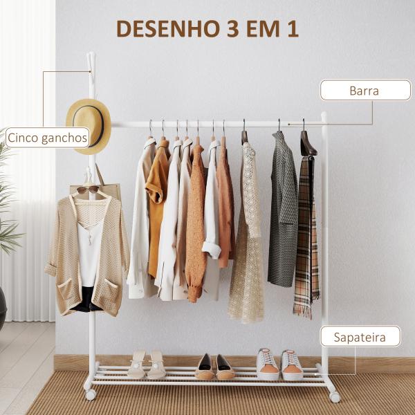Charriot com Rodas 5 Ganchos Barra para Pendurar e Prateleira Inferior 120x43x171 cm Branco