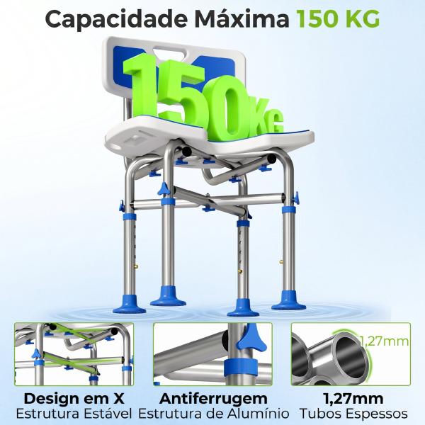 Cadeira de Duche para Pessoas Idosas Antideslizante com Altura Ajustável em 5 Posições Suporte para Duche de Mão 48x47,5x72 - 82 cm Azul