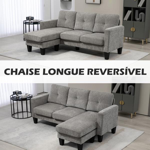 Sofá Chaise Longue Sofá em Forma de L Estofado em Poliéster Sofá de Canto Reversível 186x130x84 cm Marrom Acizentado