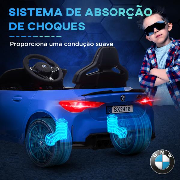 Carro Elétrico para Crianças BMW M4 12V com Controlo Remoto Faróis Buzina Música e Velocidade 3 - 5 km/h 108x69,5x51 cm Azul