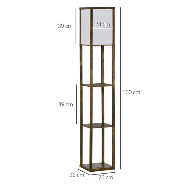 Candeeiro de Pé de Madeira com 3 Prateleiras para Lâmpada E27 Potência Máx. 40W 26x26x160 cm Marrom Rústico