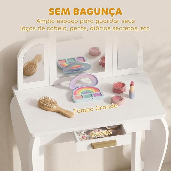 Toucador para Crianças com Espelho e Banco Toucador de Maquilhagem para Crianças de 3 a 6 Anos 52x32x85 cm Branco