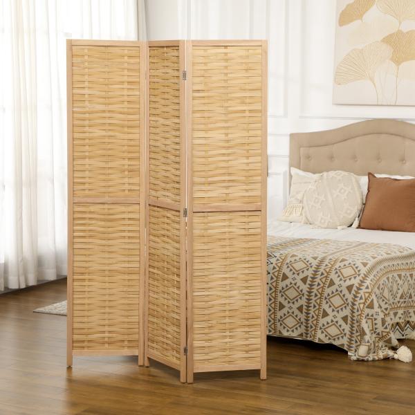 Biombo de 3 Paineis Separador de Ambientes Dobrável 120x1,8x170 cm Divisor de Ambientes com Padrão Tecido em Bambu Madeira