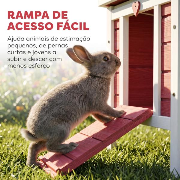 Coelheira de Madeira Exterior Coelheira para Roedores Animais de Estimação Pequenos com Teto Asfáltico e Rampa Antiderrapante 42x51x43cm Vermelho