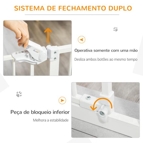 Barreira de Segurança para Cães Animais de Estimação 74 - 80cm para Escadas Portas e Corredores com Porta para Gatos Fechamento Automático e Sistema de Duplo Bloqueio Altura 91,4cm Branco