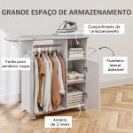 Móvel de Engomar de Madeira com Rodas Barra para Pendurar Roupa Prateleira Aberta e Tábua Dobrável 107x42,5x99 cm Branco