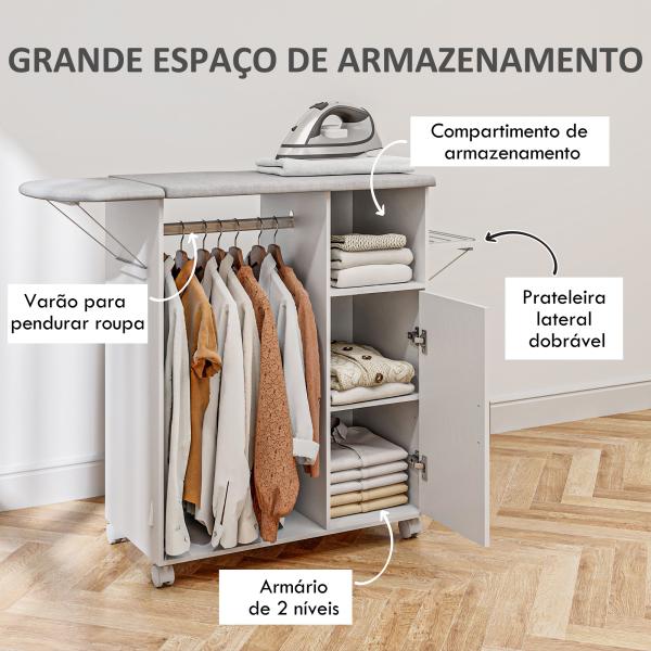 Móvel de Engomar de Madeira com Rodas Barra para Pendurar Roupa Prateleira Aberta e Tábua Dobrável 107x42,5x99 cm Branco