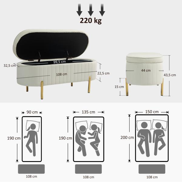 Banco para Pé de Cama em Veludo com Arrumação e Pés Dourados, 108x44x43,5 cm, Creme