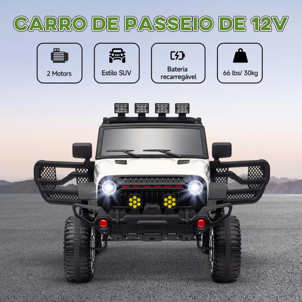 Carro Elétrico para Crianças com Bateria de 12V Controlo Remoto Faróis LED Buzina e Música 100x63x65 cm Branco