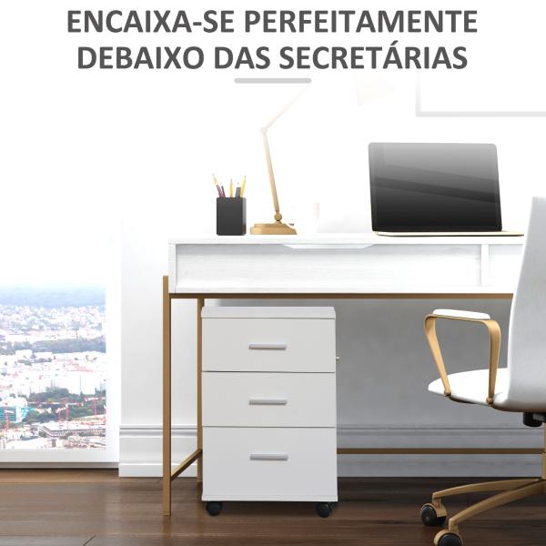 Bloco de Gavetas para Escritório Móvel de Arquivos com 3 Gavetas e Fechadura para Secretária Casa 40x40x61,5 cm Branco