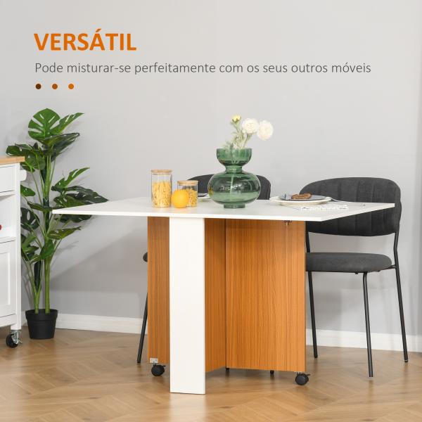 Mesa de Sala de Jantar Dobrável com Rodas Mesa Multifuncional para Sala de Jantar 120x80x73cm Branco e Teca