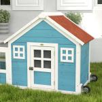 Coelheira Exterior de Madeira 162,5x59,2x77,6 cm Gaiola para Coelhos Grande com 2 Janelas Rodas Rampa e Teto Asfáltico Azul