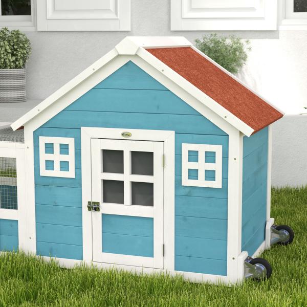 Coelheira Exterior de Madeira 162,5x59,2x77,6 cm Gaiola para Coelhos Grande com 2 Janelas Rodas Rampa e Teto Asfáltico Azul