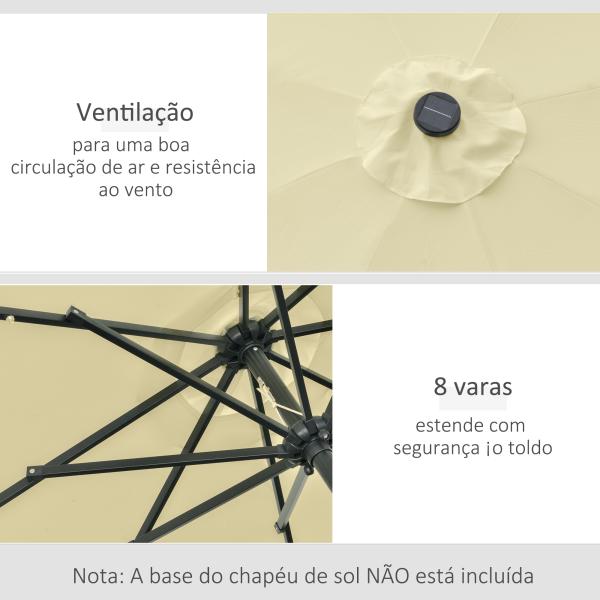 Chapéu de Sol Exterior para Terraço, Ø265 cm, Guarda - sol de Jardim com 32 Luzes LED Solares, Poste de Aço e Manivela de Guarda - sol Inclinável, para Pátio, Terraço, Bege