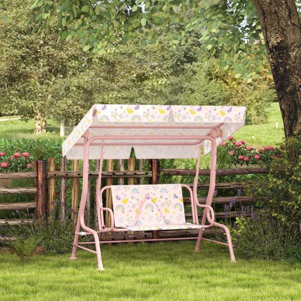 Baloiço de Jardim para Crianças com 2 Lugares Toldo Ajustável Cinto de Segurança e Desenho de Borboletas 112x75x120 cm Rosa