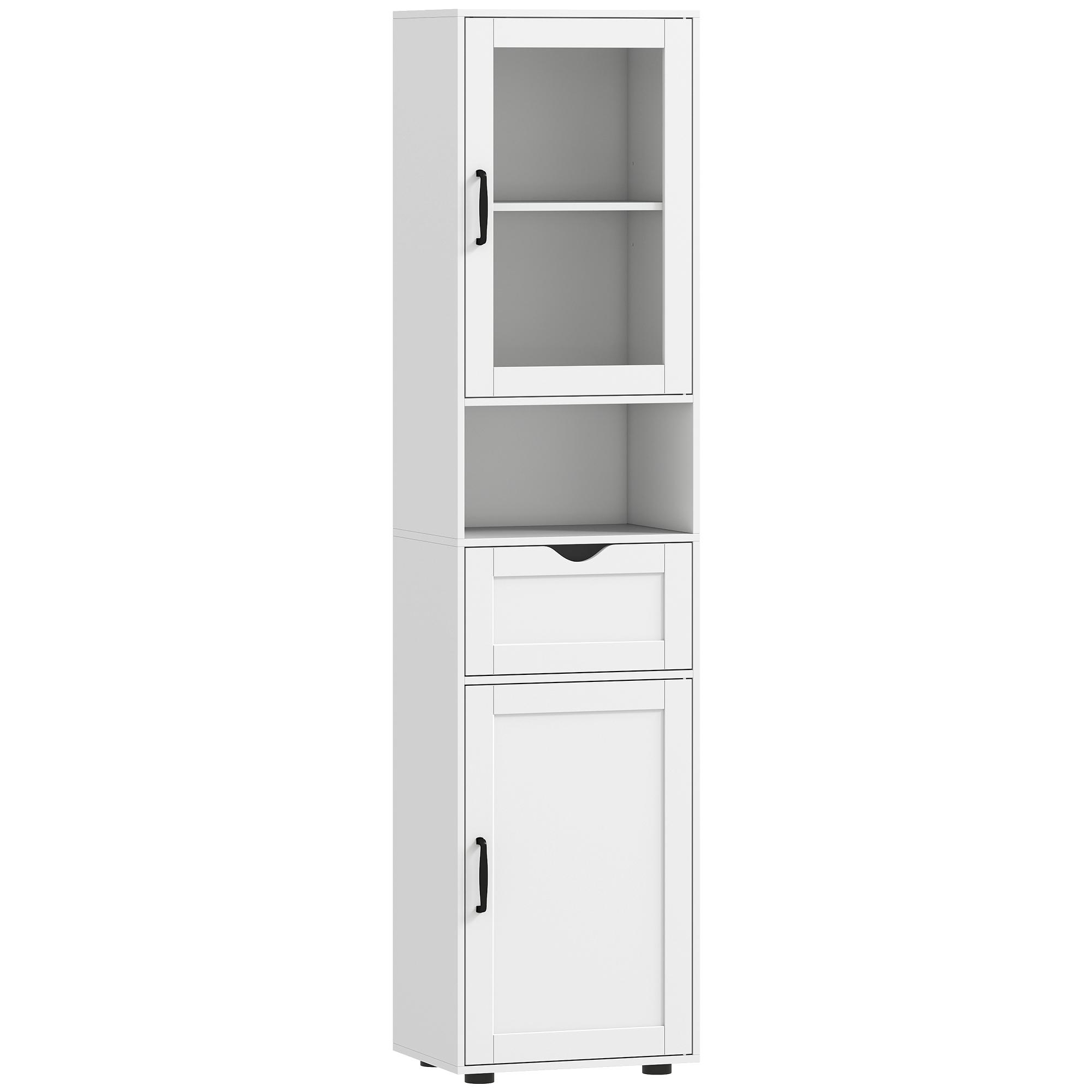 Coluna Casa de Banho com Porta de Vidro Prateleiras Ajustáveis Gaveta e Prateleira Aberta 40x30x165 cm Branco