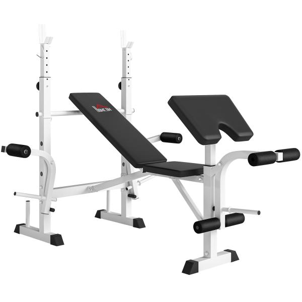 Banco de Musculação Multifuncional Inclinável com Suporte para Barra Ajustável Extensão de Pernas Curl de Predicador 180x134x113 - 136 cm Preto