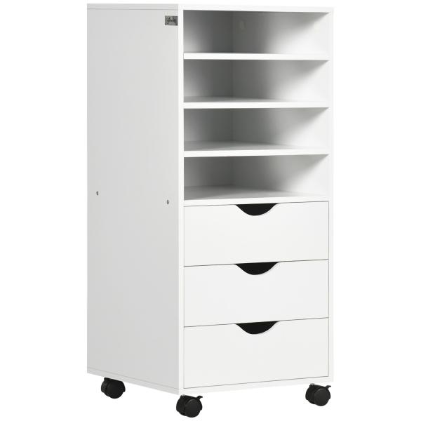 Móveis de escritório com 3 gavetas 4 prateleiras abertas 4 rodas 40x30x83 cm Branco