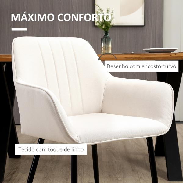 Conjunto de 2 Cadeiras de Sala de Jantar Estofadas em Linho com Encosto e Pés de Metal 59,5x56,5x81 cm Bege Claro