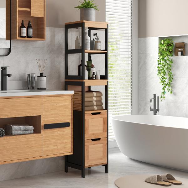 Coluna Casa de Banho com 3 Prateleiras e 2 Gavetas Armário Alto para Casa de banho Estilo Moderno 30x30x144,3 cm Madeira e Preto