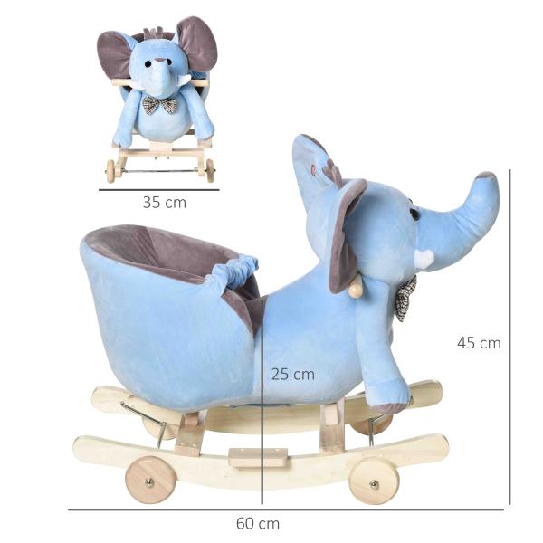Cavalo Baloiço com Rodas e Forma de Elefante com Músicas Infantis e Cinto de Segurança 60x35x45 cm Azul