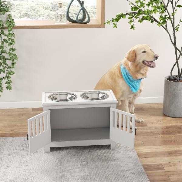 Comedouro Elevado para Cães com 2 Tigelas em Aço Inoxidável 2x2 L, Arrumação 37 L e 2 Portas com Trincos, Branco