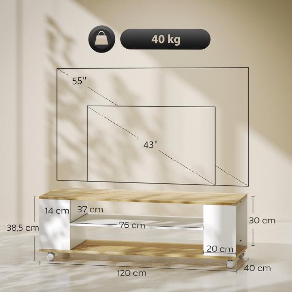 Móvel para TV com Rodas Armário para TV Flutuante com 2 Portas e 2 Prateleiras 120x40x38,5cm Branco e Madeira
