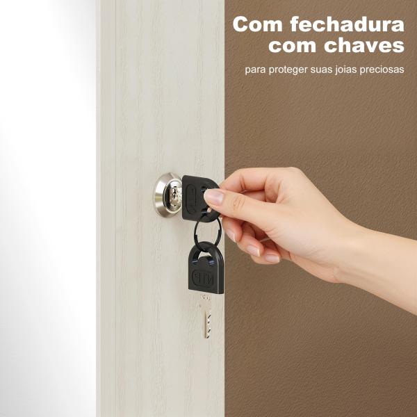 Espelho de Joias com Luz LED, Armário Montado na Parede ou Porta com Fechadura e Espelho Branco de Corpo Inteiro