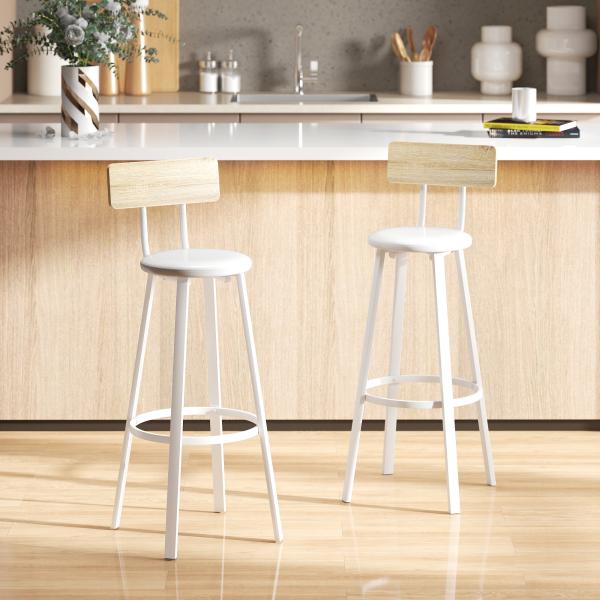 Conjunto de 2 Bancos de Bar Bancos Altos de Cozinha com Encosto e Apoio para Pés Estofados em PU Assento 41,5x36,5x99,5 cm Madeira e Branco