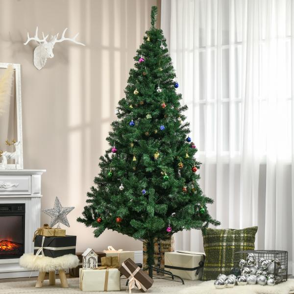 Árvore de Natal Artificial 210cm Ignífugo com 1036 Ramos 53 Decorações Folhas de PVC e Suporte Metálico Verde