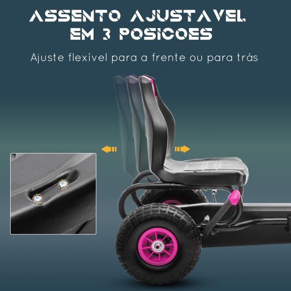 Kart a Pedais para Crianças 5 - 12 Anos com Assento Ajustável Pneus Insufláveis Amortecimento e Travão de Mão 121x58x61 cm Rosa