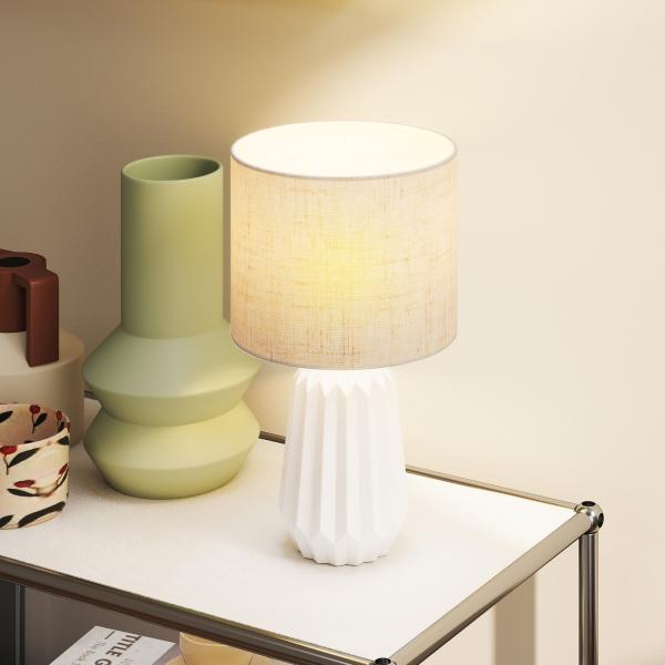 Candeeiro de Mesa com Base de Cerâmica e Ecrã de Linho Estilo Retro com Interruptor E27 40W Ø22x39 cm Branco e Bege