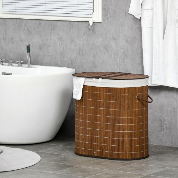 Cesto de Roupa de Bambu Capacidade de 100L Cesto para Roupa Suja com Bolsa de 2 Compartimentos 62,5x37x60,5cm Marrom