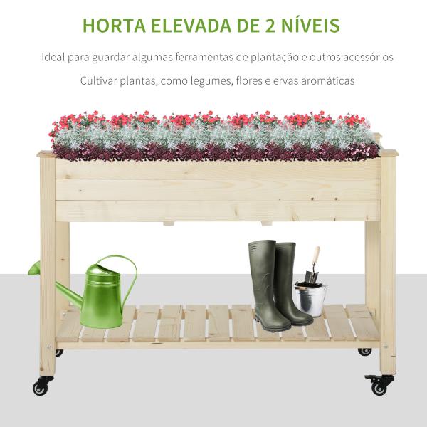 Horta Vertical Mesa de Cultivo Elevada com Prateleira Tecido Geotextil Rodas com Freios Portátil para Jardim Terraço 118x55x83cm Madeira Natural