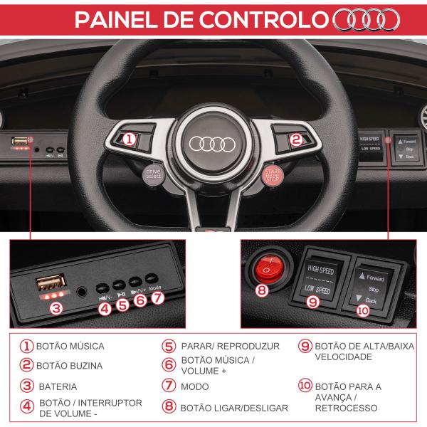 Carro Elétrico Audi TT para Crianças acima de 3 Anos com Controlo Remoto Música e Luzes Bateria 12V 102x60x44 cm Preto