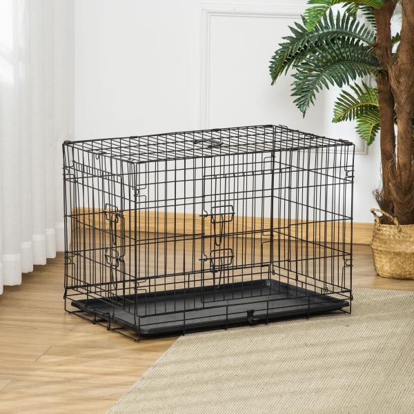 Gaiola para Cães com 2 Portas Gaiola para Animais de Estimação de Arame Dobrável com Alça de Transporte Aço 76x46x52cm Preto