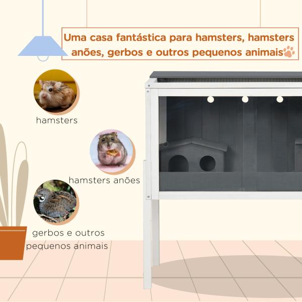 Gaiola para Hamster de Madeira com 2 Portas de Acrílico Prateleira Amovível 2 Casas 82x45x81cm Cinza e Branco