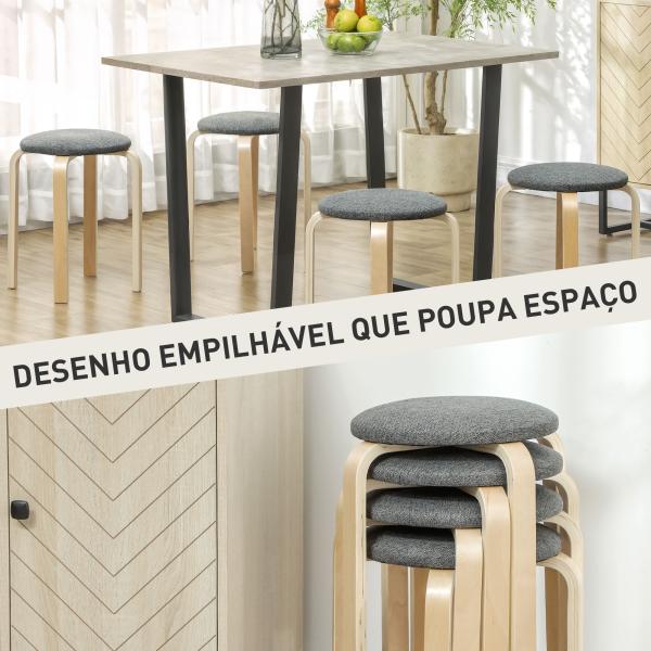 Conjunto de 4 Bancos Empilháveis Redondos Bancos Baixos de Cozinha com Assento Acolchoado Ø40x45 cm Cinzento e Madeira