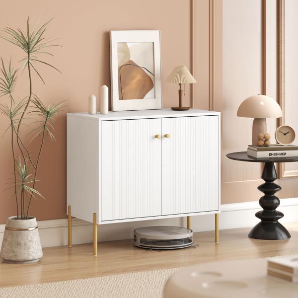 Aparador Moderno de 2 Portas Prateleiras Ajustáveis Bancada com Efeito Mármore e Pés de Aço 80x39,1x76 cm Branco