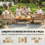 Conjunto de Móveis de Jardim de 4 Peças com Sofá de 2 Lugares 2 Poltronas Mesa de Madeira Almofadas e Corda de PP Madeira e Bege