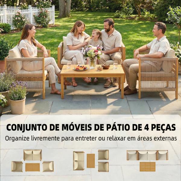 Conjunto de Móveis de Jardim de 4 Peças com Sofá de 2 Lugares 2 Poltronas Mesa de Madeira Almofadas e Corda de PP Madeira e Bege