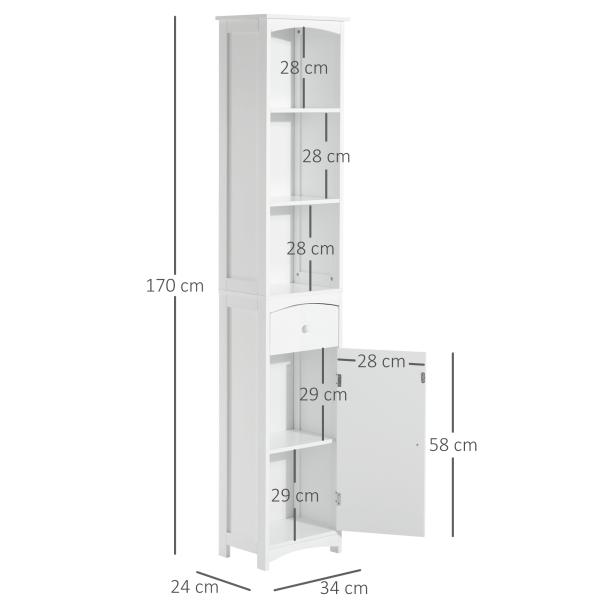 Armário de coluna multiuso branco para banheiro com prateleiras 34x24x170cm 3 prateleiras 1 porta e 1 gaveta