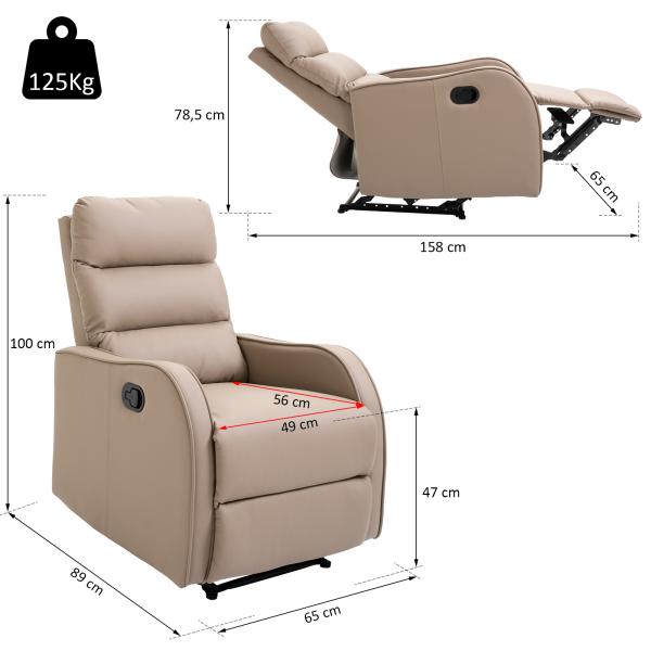 Poltrona Relax com reclinação manual até 160 ° com apoio para os pés retrátil Esponja de densidade estofada em PU 65x89x100cm
