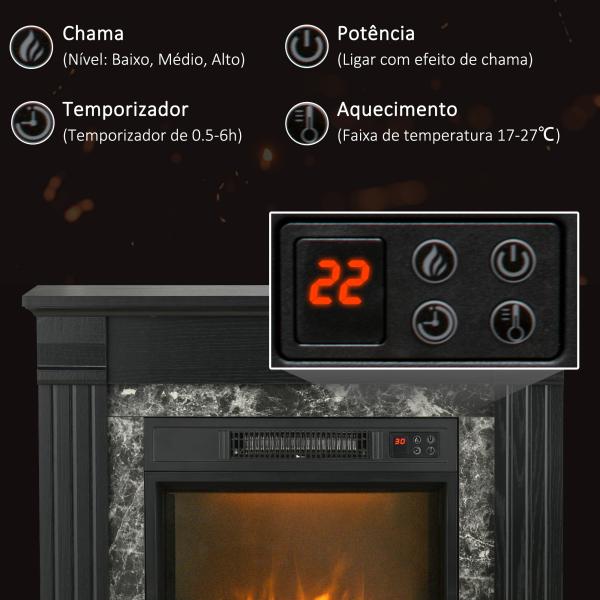 Lareira Elétrica 1800W com Efeito de Chama Realista e Proteção Contra Superaquecimento 80x21,6x67,8 cm Preto