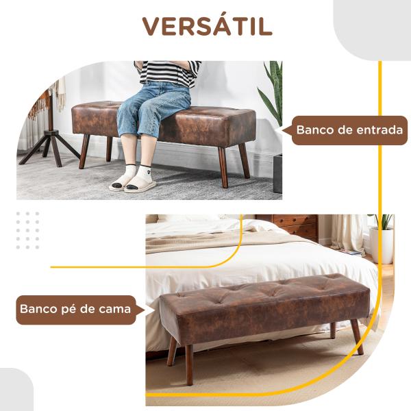 Banco de Pé de Cama Multifuncional Clássico Banco Dormitório com Pés de Madeira e Assento Acolchoado 114x38x42 cm Marrom