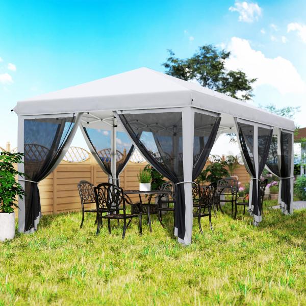 Tenda Dobrável 585x295x270 cm Tenda de Jardim com 6 Mosquiteiros Bolsa de Transporte e Estrutura de Aço Cinza
